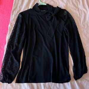 Black Sheer Sleeve Blouse with Bow Tie Neck